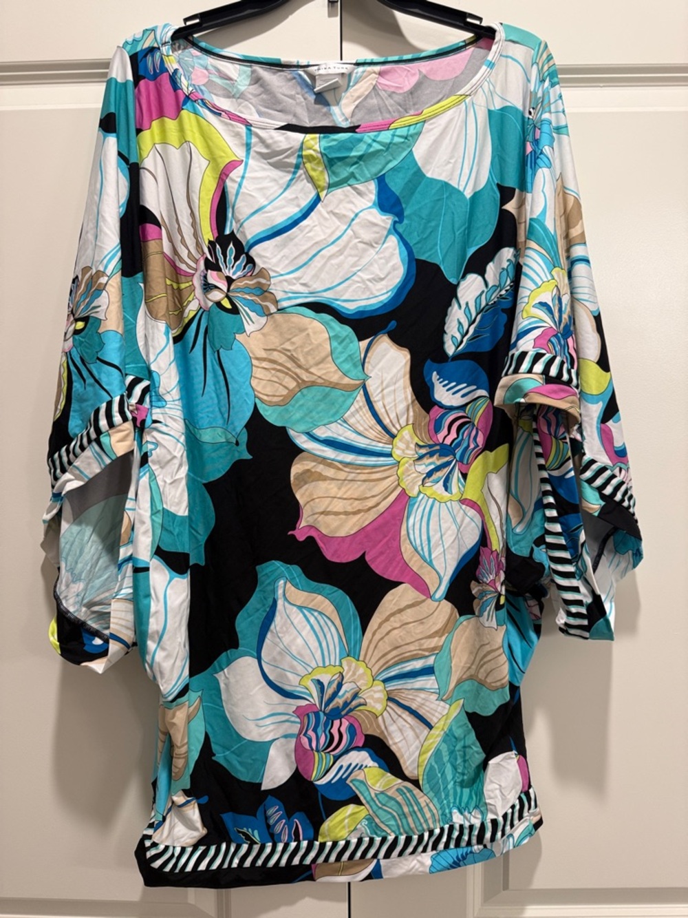 Trina Turk Floral Swim Coverup in Teal, Black, Pink & Cream